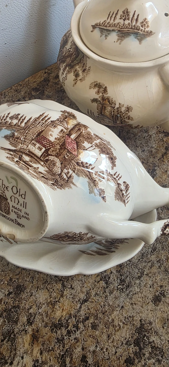 Johnson Bros. "The Old Mill" Gravy Boat and Saucer Set