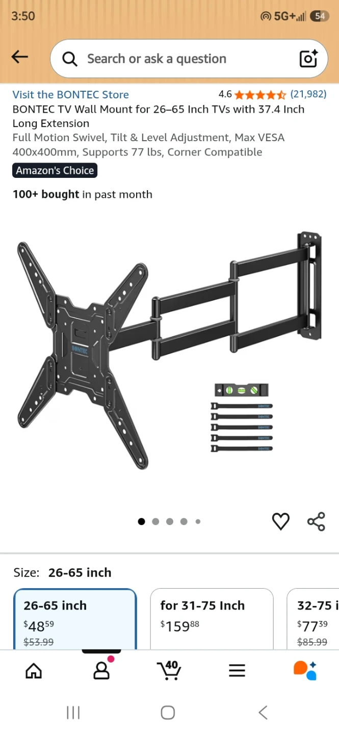 BONTEC TV Wall Mount for 26–65in TV (Long Extension)
