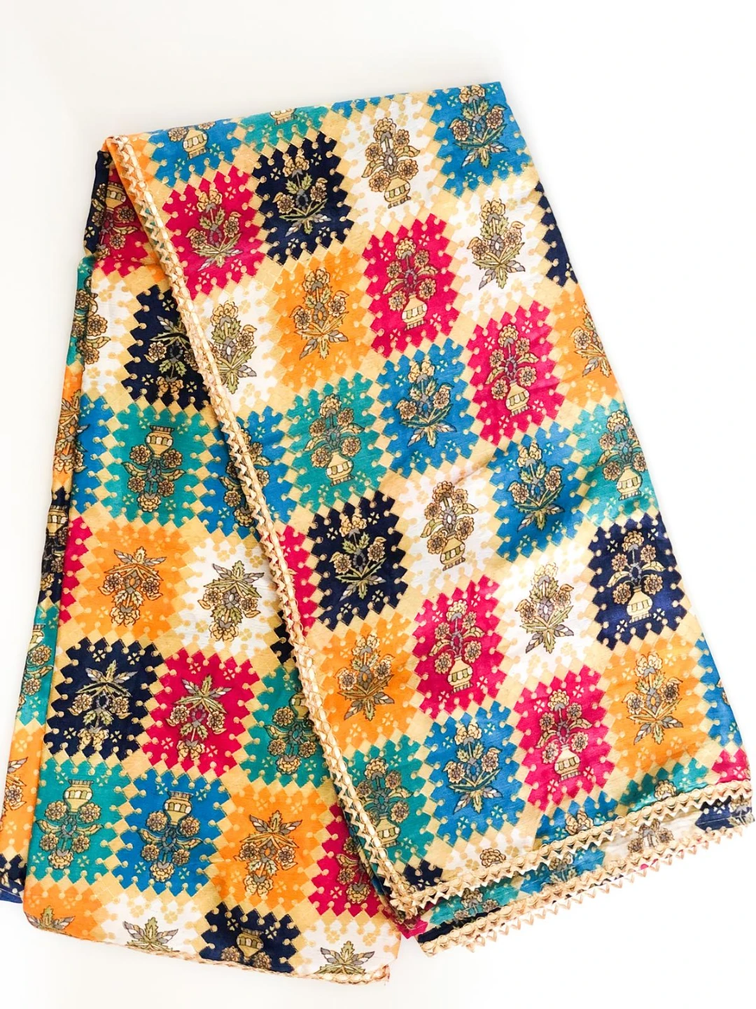 Colorful Patterned Scarf with Gold Trim