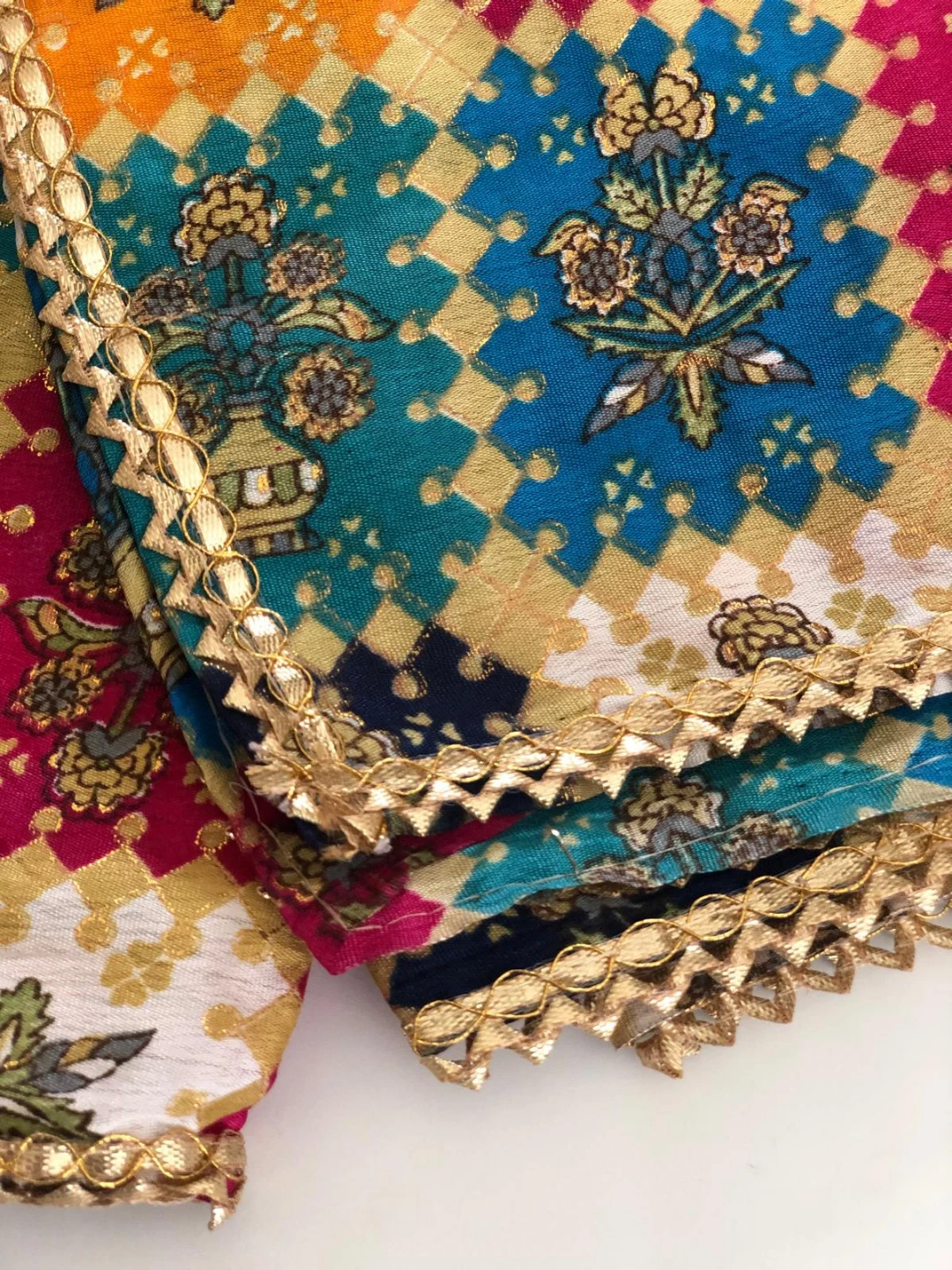 Colorful Patterned Scarf with Gold Trim - photo 2