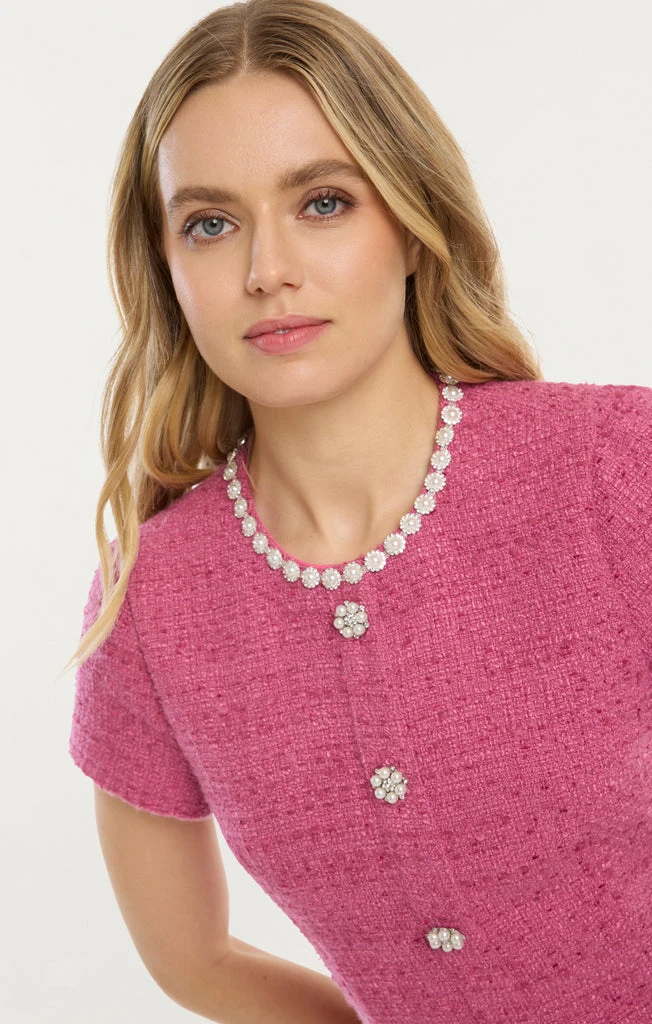 Likely NYC Alani Dress - Pink Tweed Jewel Button Short Sleeve - photo 3