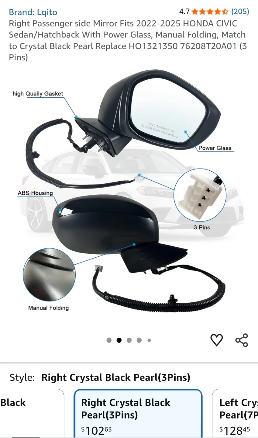 Lqito Right Passenger Side Mirror for Honda Civic 2022-2025 - photo 2