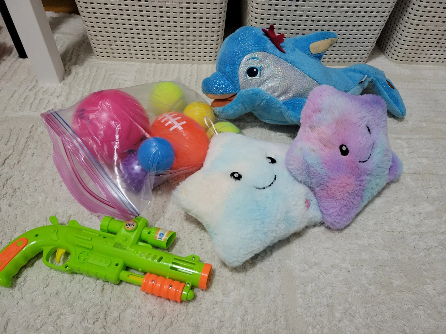 Assorted Kids Toys: Plushies, Balls, Toy Gun