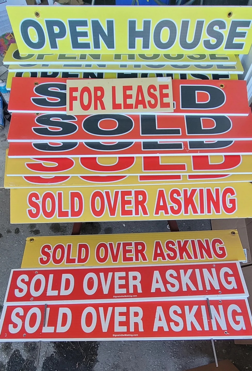 Real Estate Signs: Open House, For Lease, Sold, Sold Over Asking