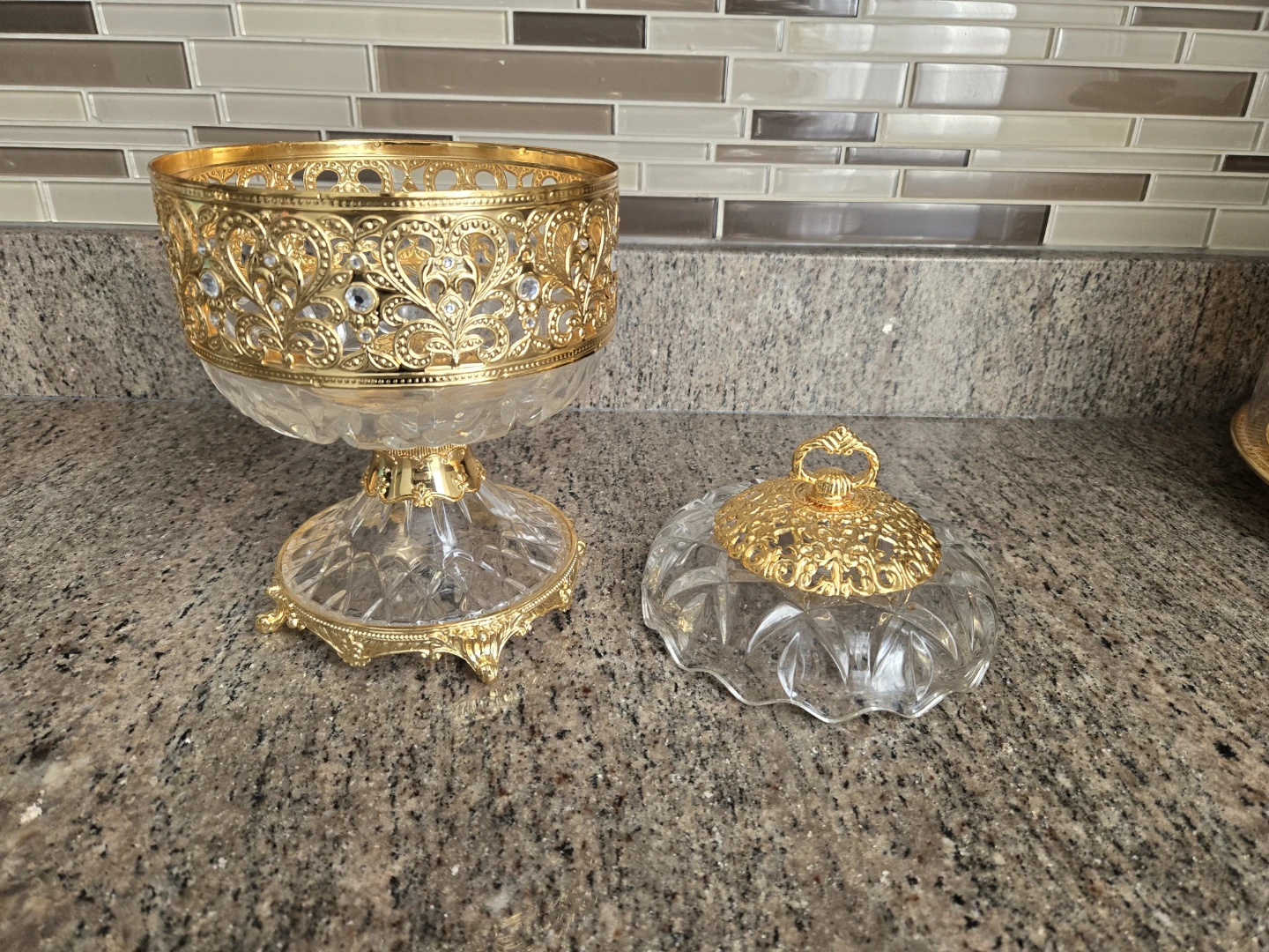 Decorative Glass and Gold Footed Candy Dish with Lid