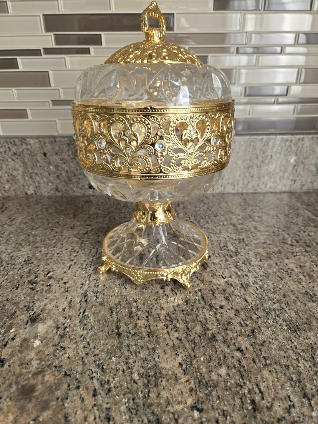 Decorative Glass and Gold Footed Candy Dish with Lid - photo 2