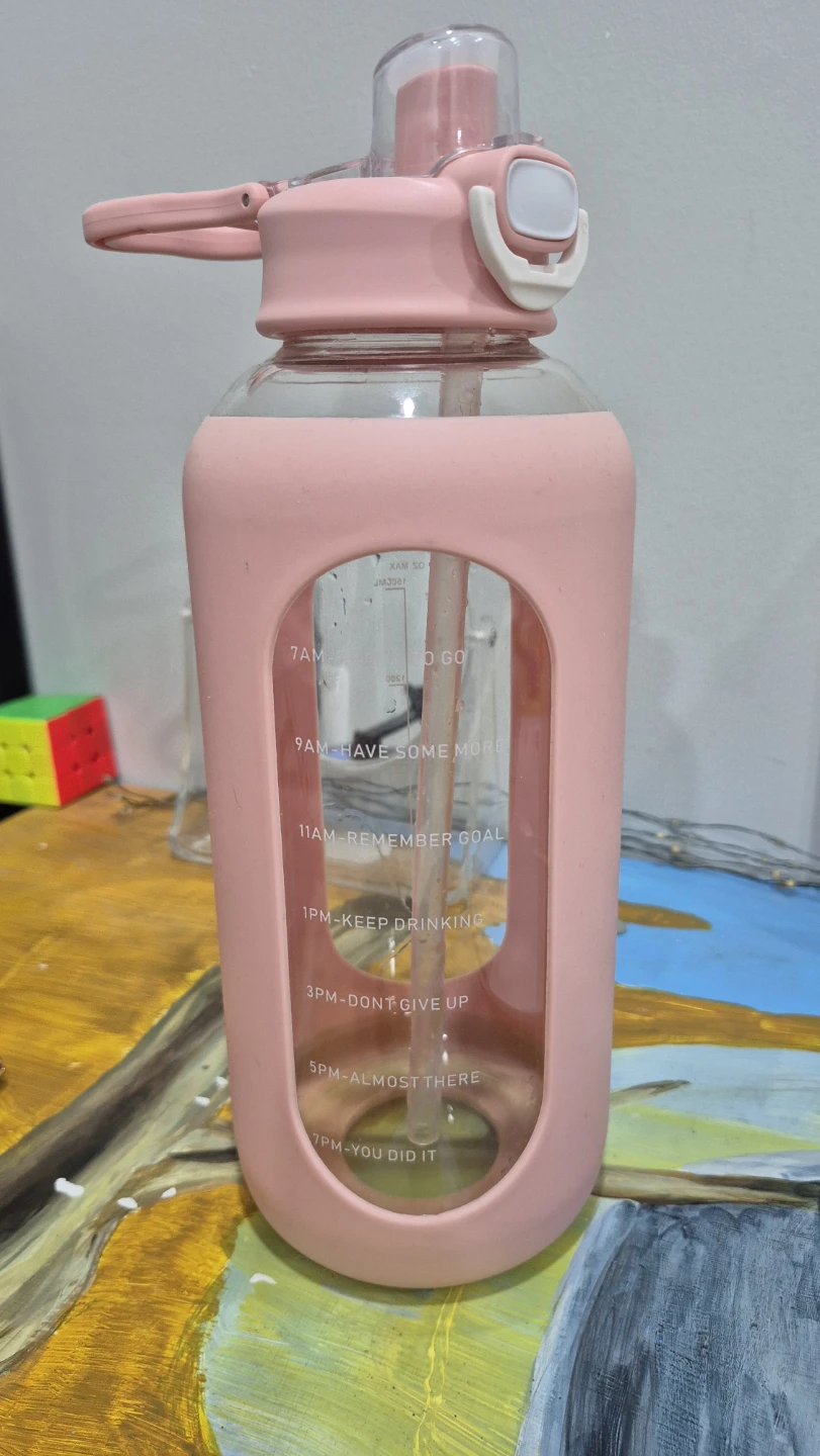 64 oz Glass Water Bottle BPA Free Pink Time tracking