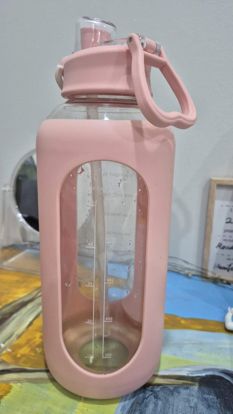 64 oz Glass Water Bottle BPA Free Pink Time tracking - photo 2
