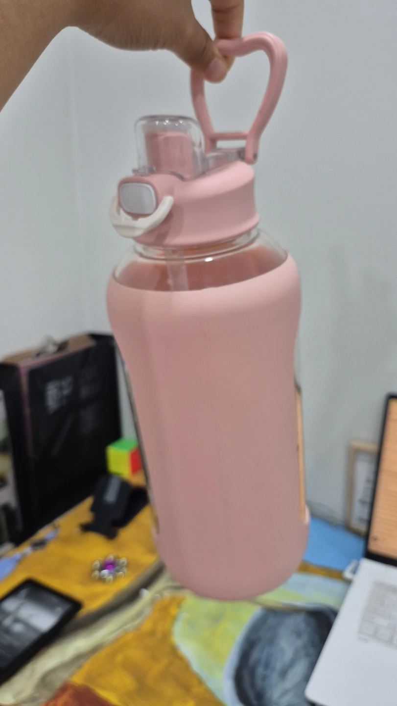 64 oz Glass Water Bottle BPA Free Pink Time tracking - photo 4