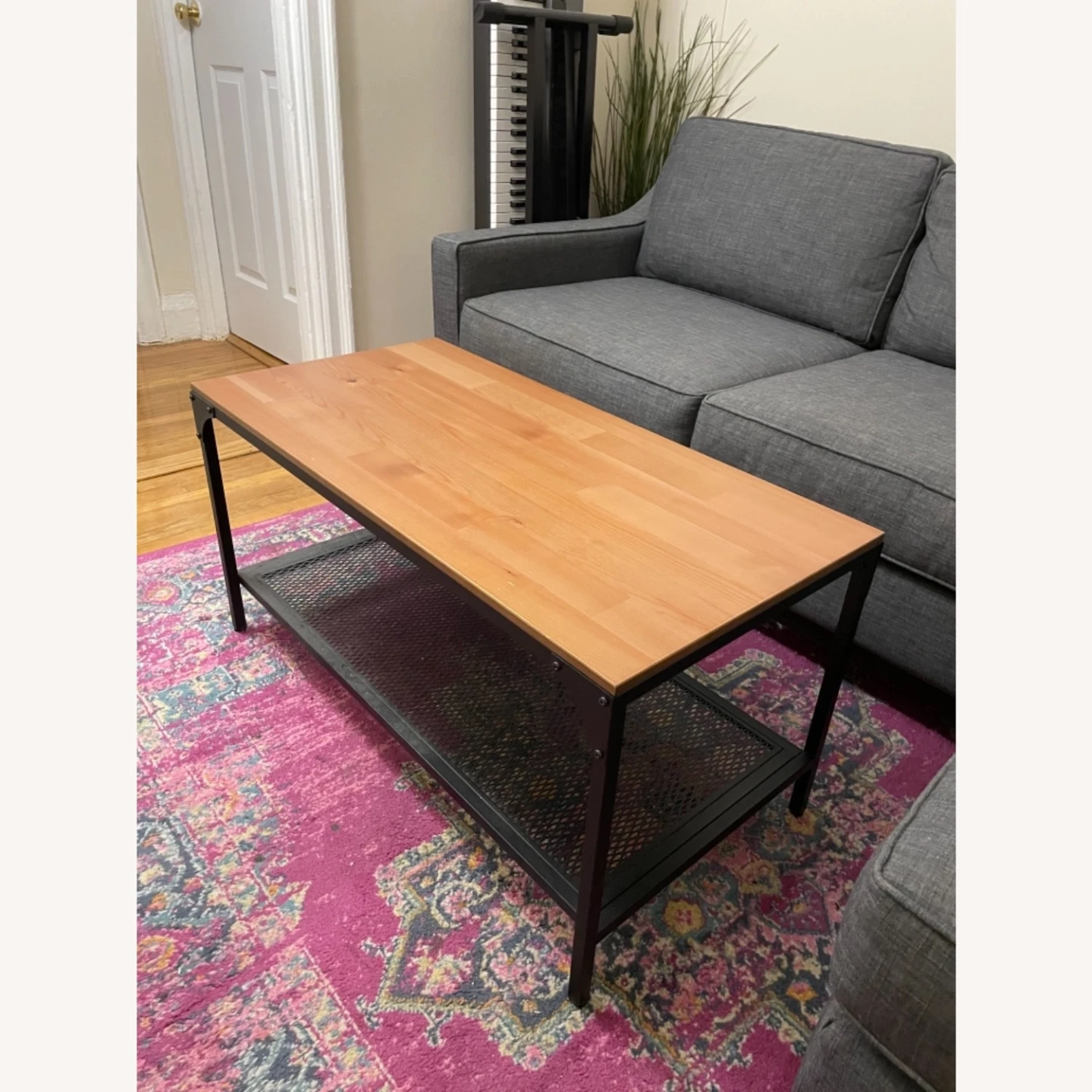 Wooden Top Coffee Table with Metal Shelf