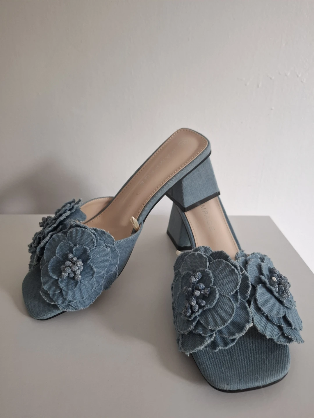 Blue Denim Mules with Floral Embellishments