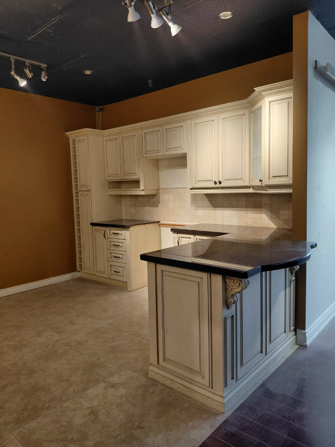 Cream Kitchen Cabinet Set with Wine Rack