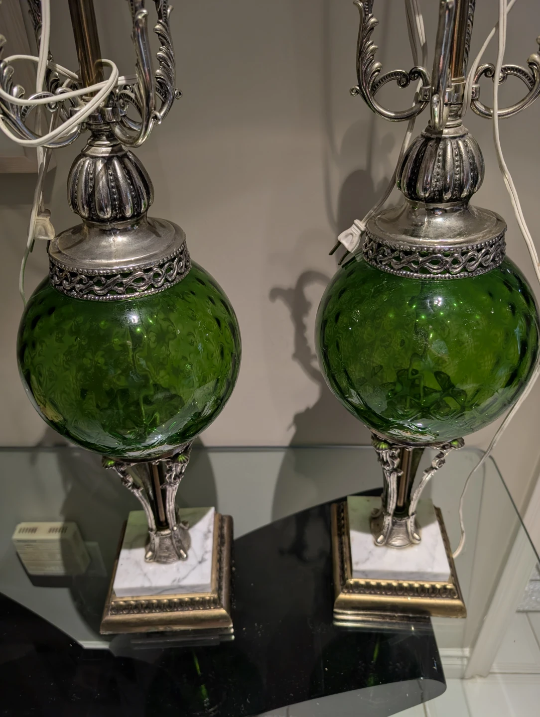 Pair of Green Glass Table Lamps with Ornate Silver Base - photo 2