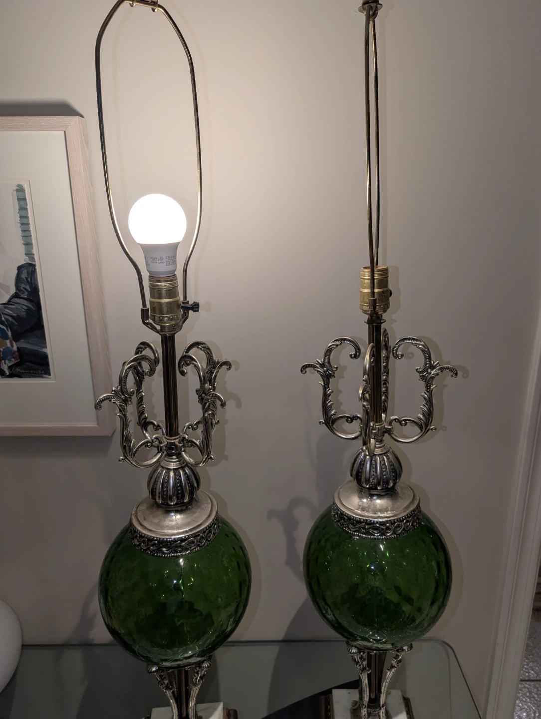 Pair of Green Glass Table Lamps with Ornate Silver Base - photo 4