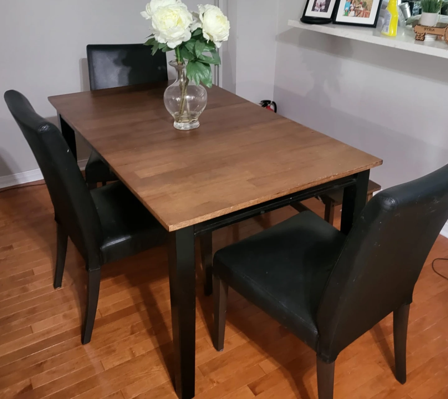 Wood Dining Table with 4 Black Chairs and a bench