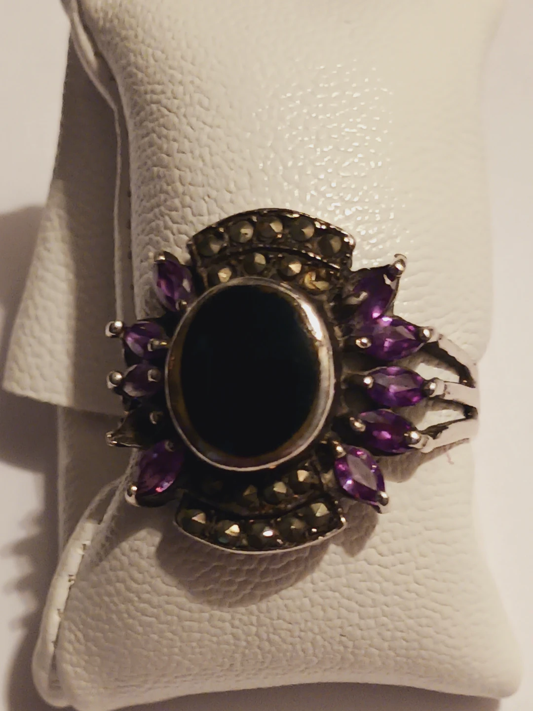 Sterling Silver 925  Ring with Onyx & Amethyst Stone 6
