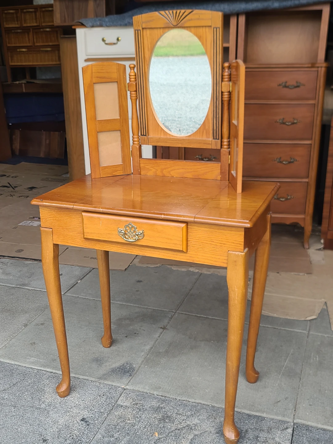 Oak Vanity Table with Tri-Fold Mirror and Drawer