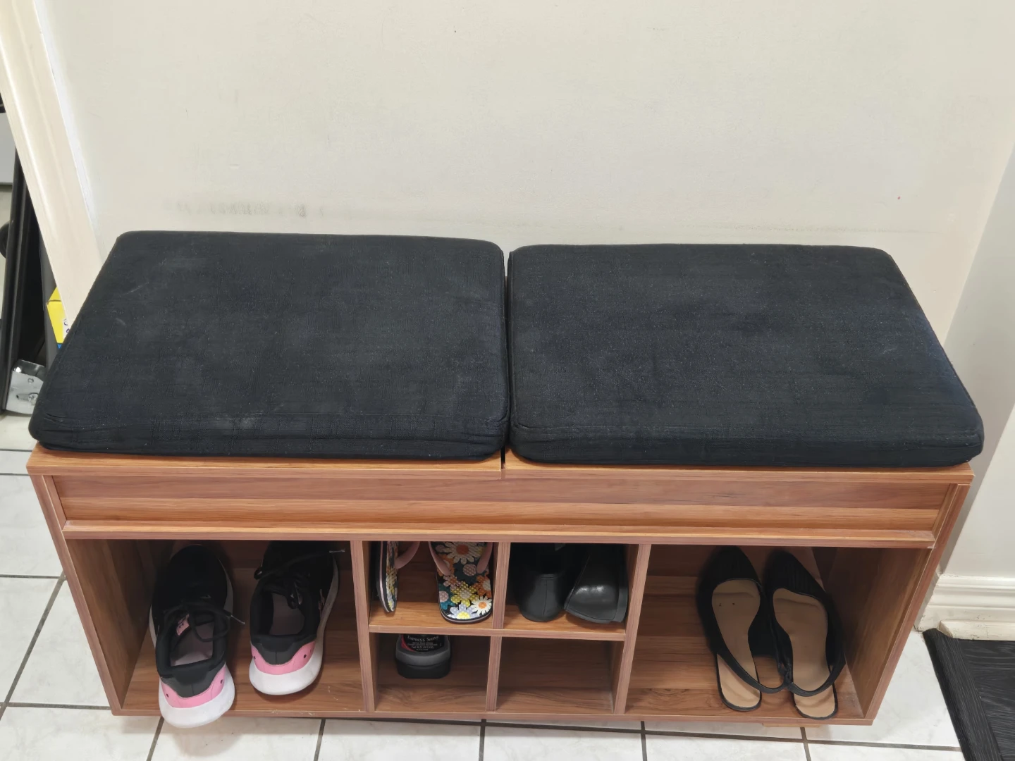 Shoe bench with storage,  cushions and compartments