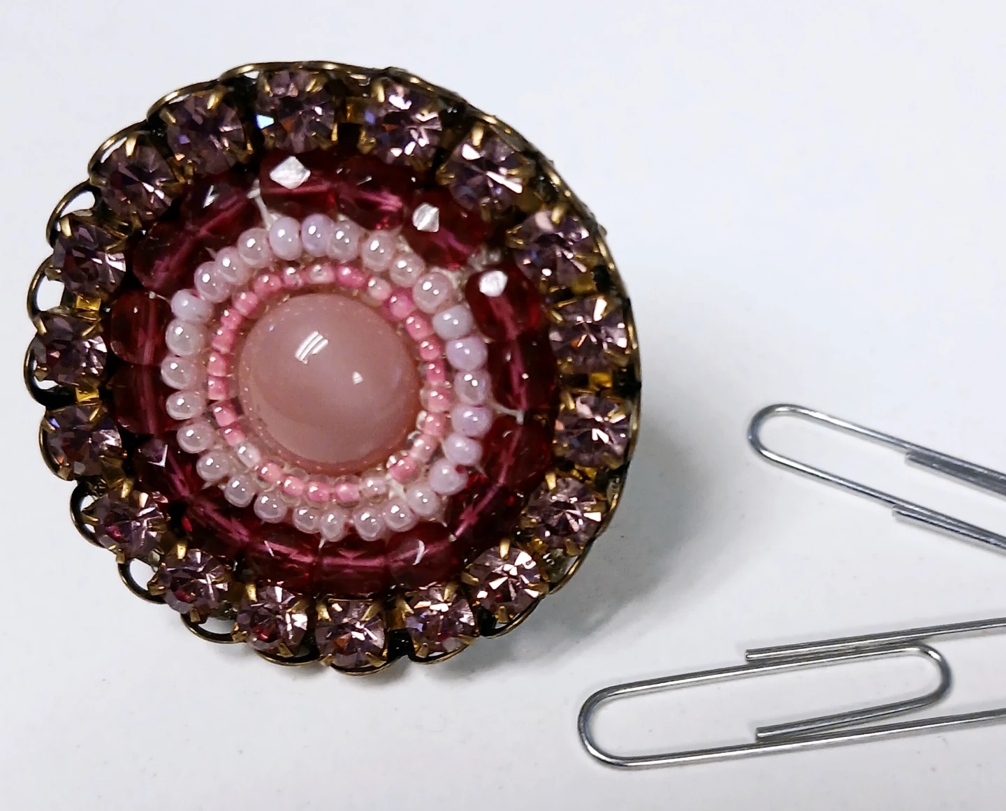 Vintage Pink Beaded large Ring with Rhinestones