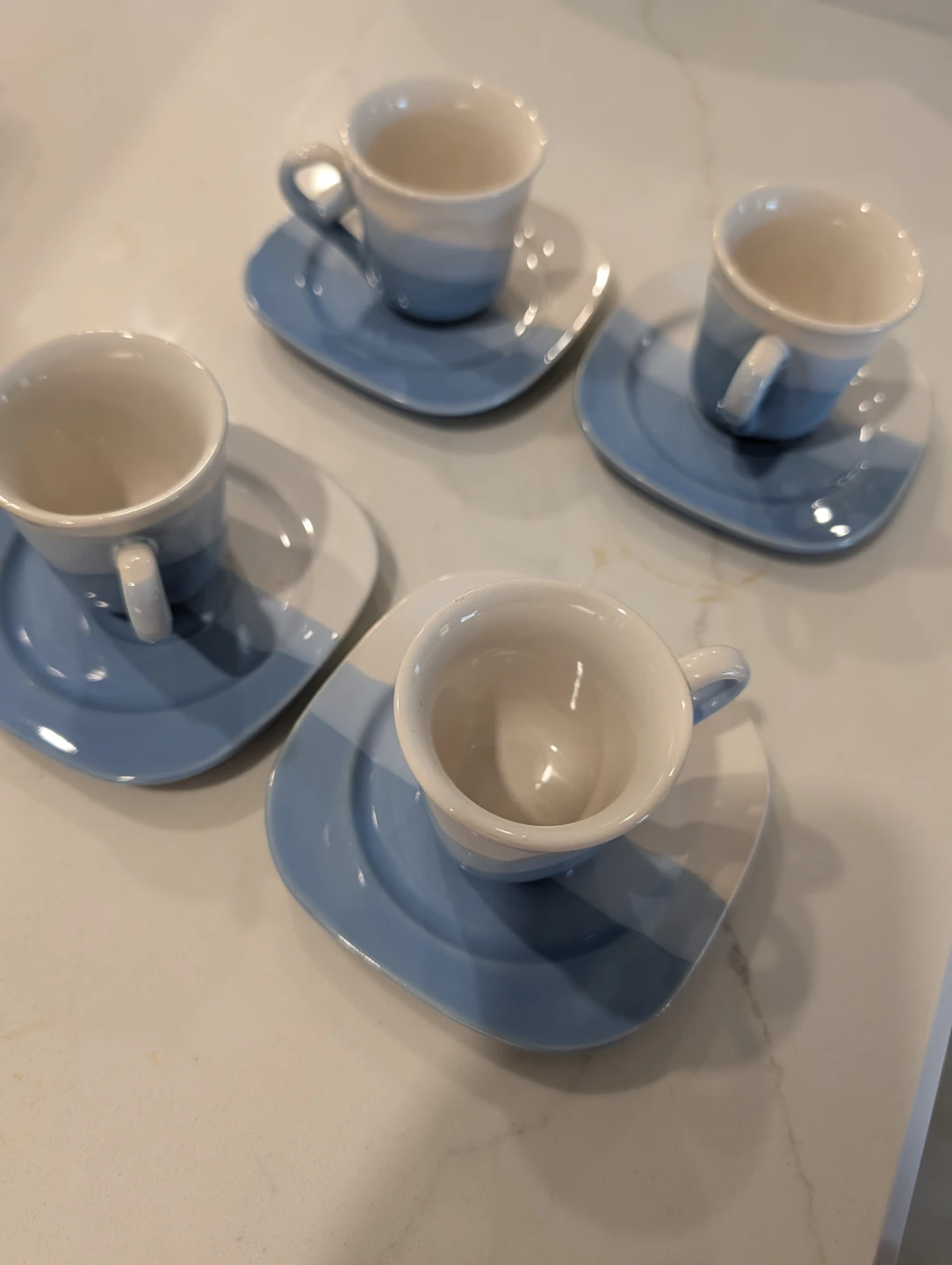 Set of 4 Blue and White Espresso Cups and Saucers