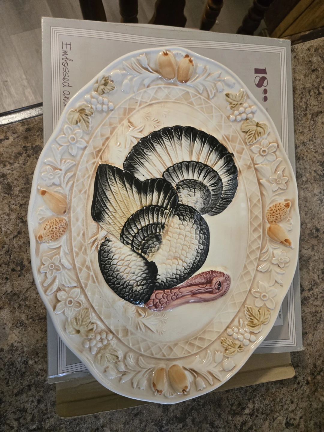 18" Fine Ceramic Embossed and Hand Painted Turkey Platter