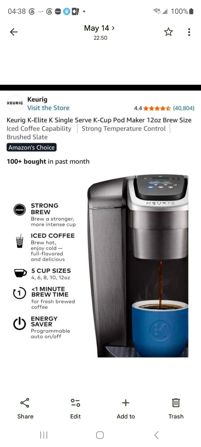 Keurig K-Elite Single Serve K-Cup Pod Coffee Maker