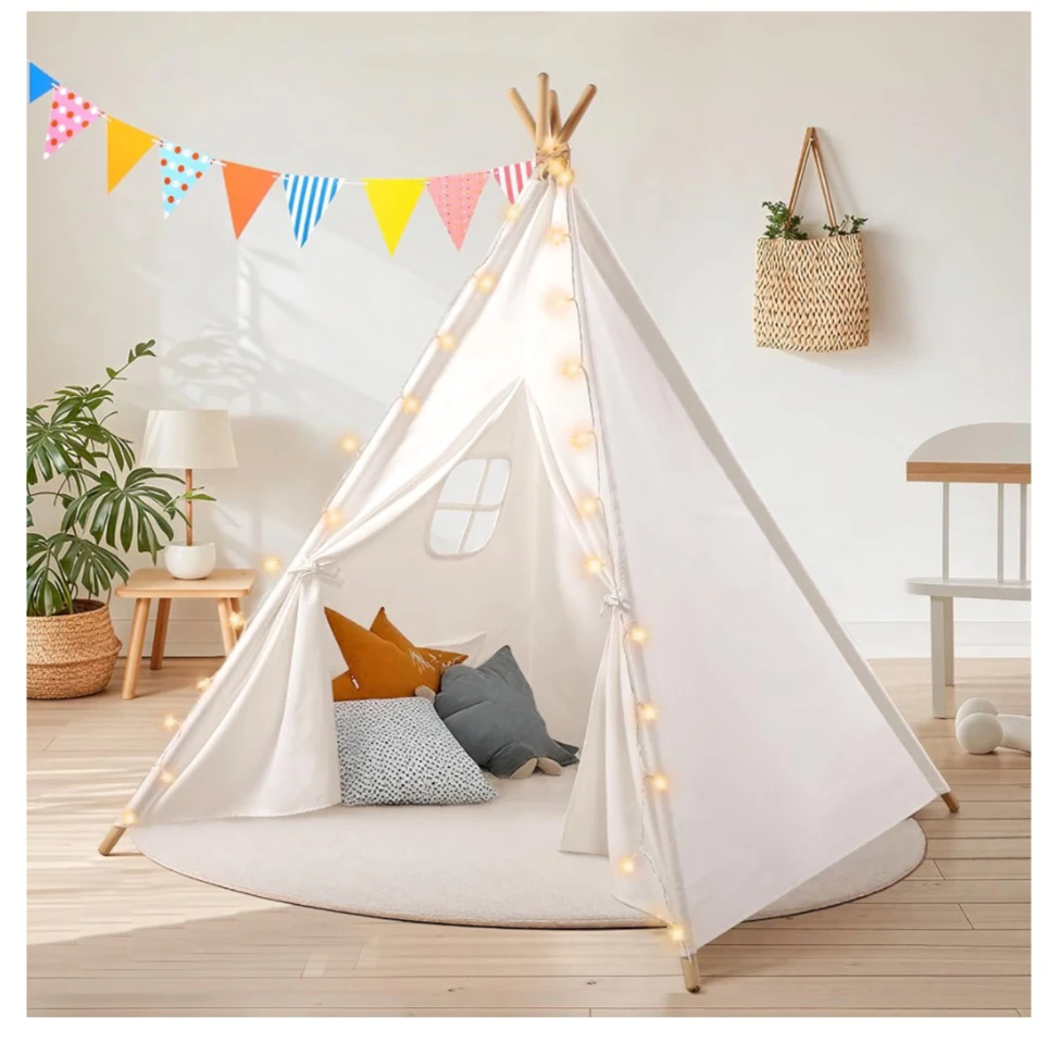 White Cotton Teepee Tent with Lights and Banner
