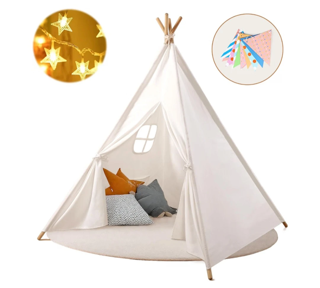 White Cotton Teepee Tent with Lights and Banner - photo 2