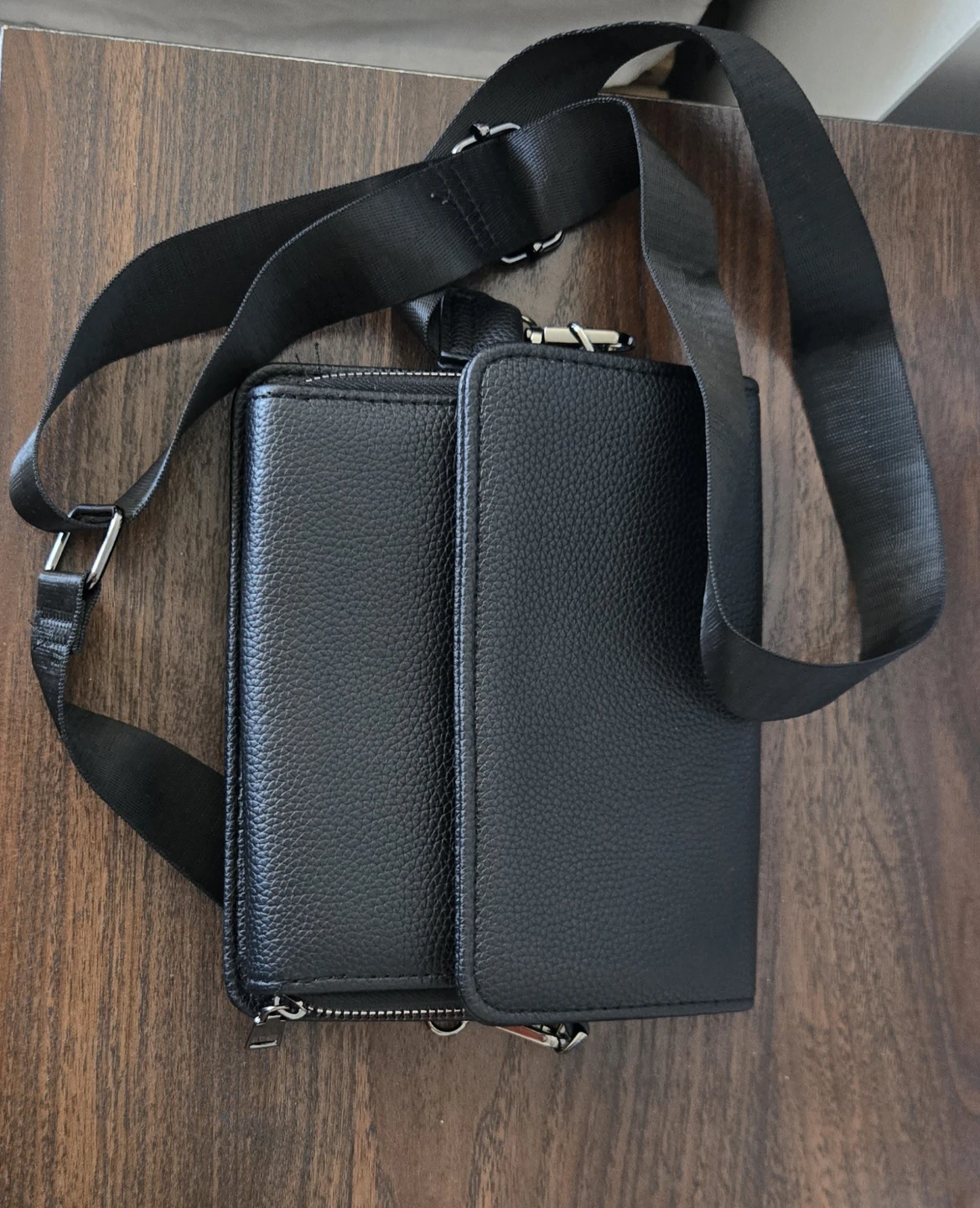 Black Faux Leather Crossbody Bag with Zipper Pockets