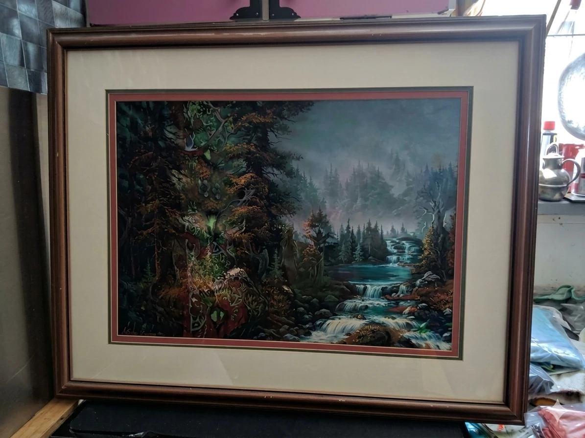 Framed Landscape Painting - Forest Waterfall Scene