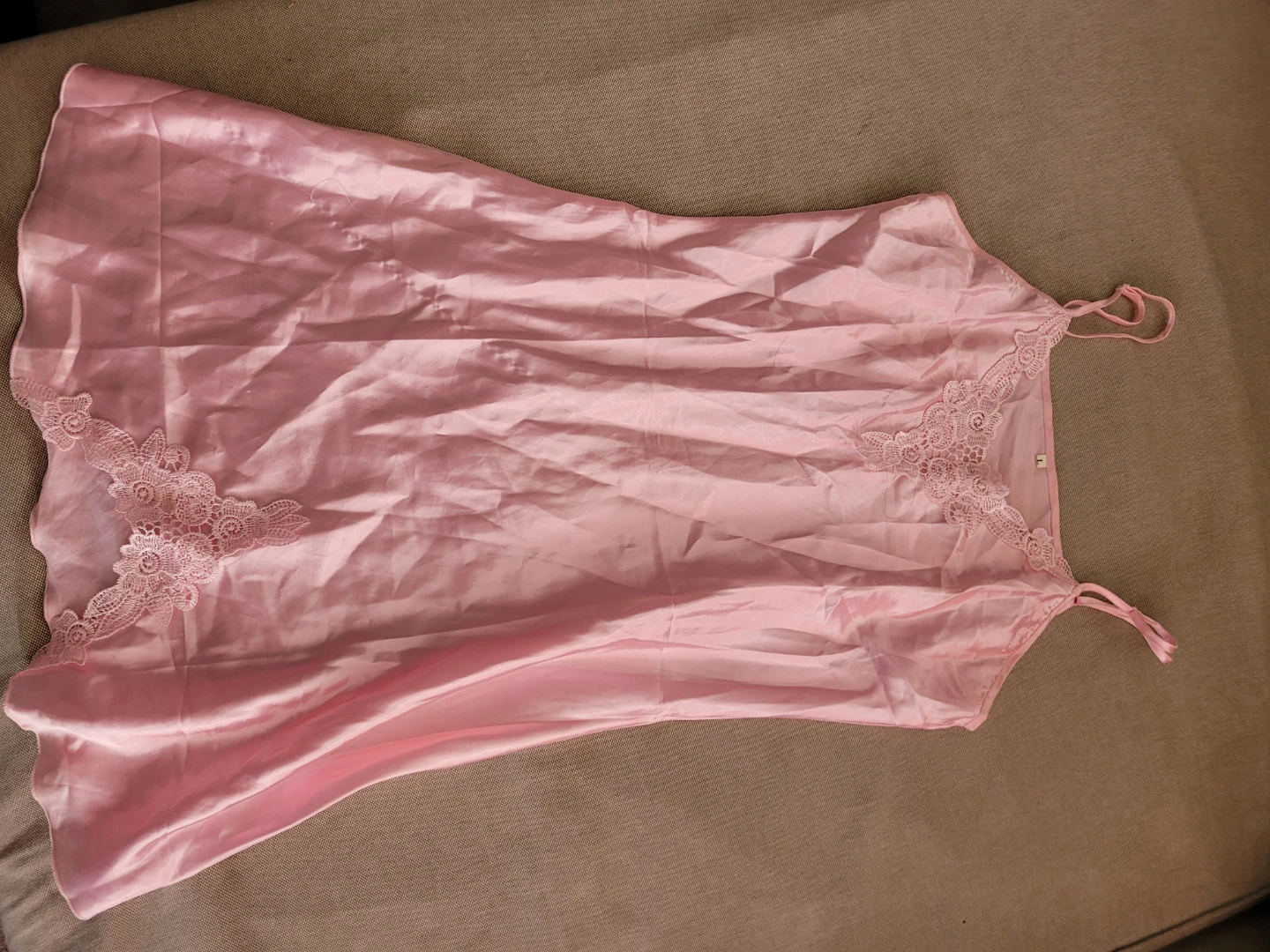 Pink satin slip dress with lace trim