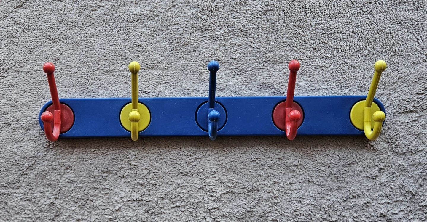 Wall Hook Rack with Red, Blue and Yellow Hooks