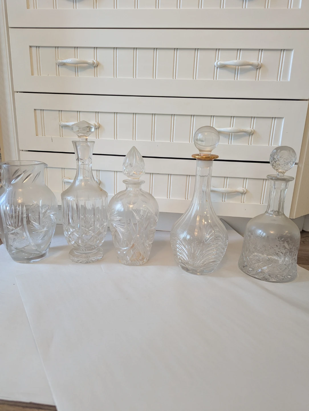 Set of 5 Clear Glass Decanters and Pitcher