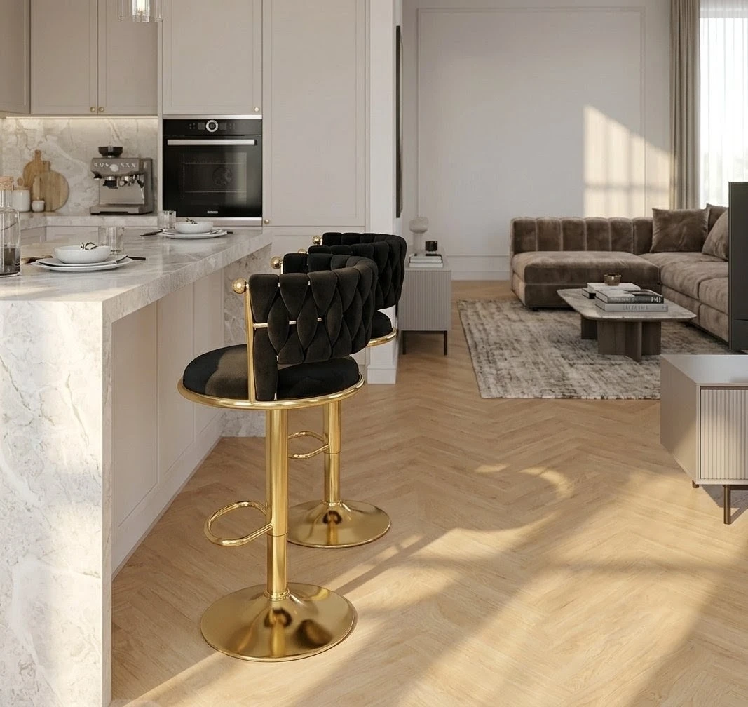 Brand new Black Velvet Bar Stools with Gold Base (Set of 2) - photo 4