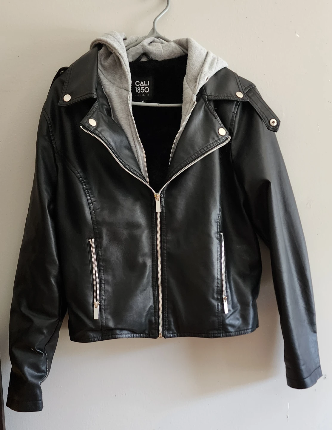 Cali 1850 Black Faux Leather Hooded Jacket