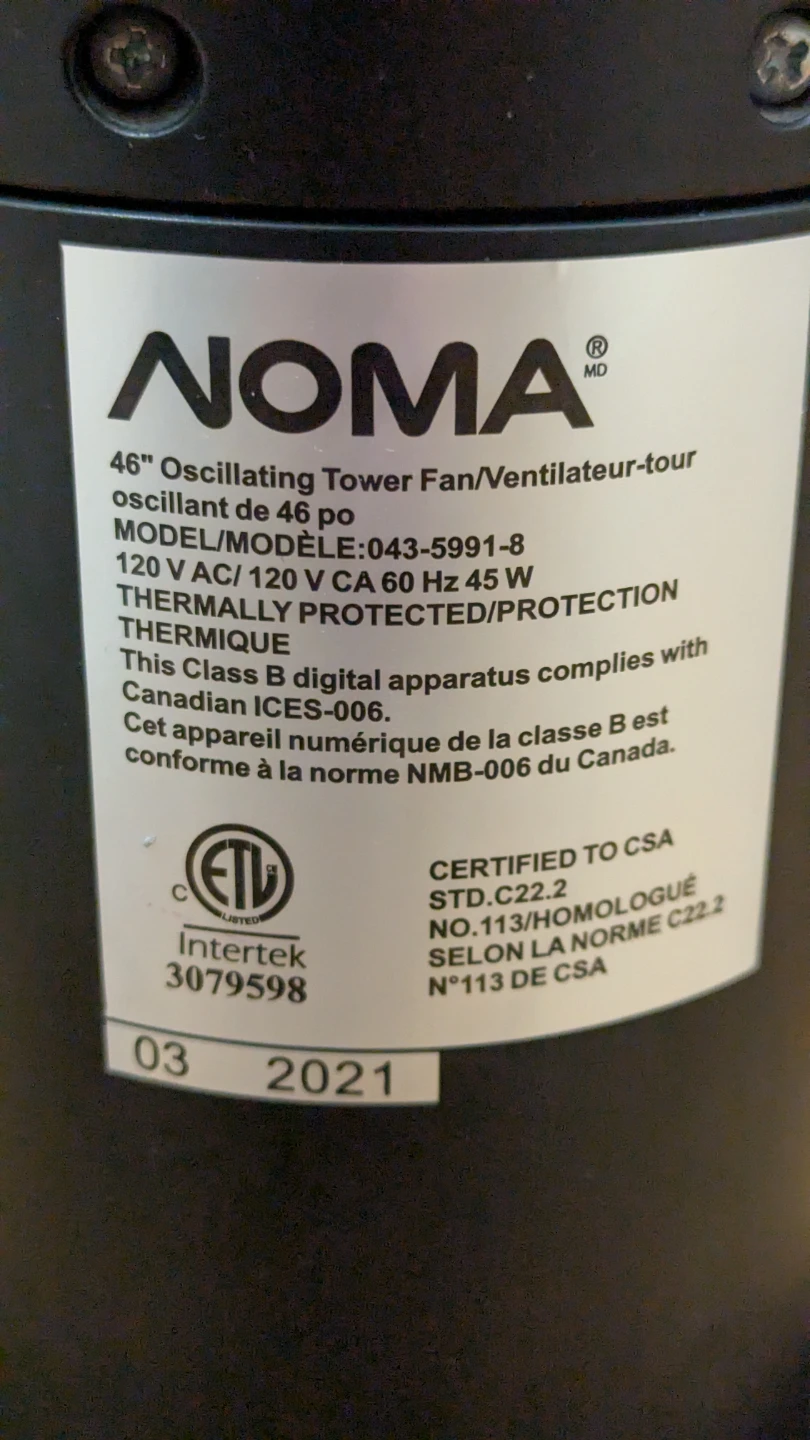 46" NOMA Oscillating Tower Floor Fan !WITHOUT REMOTE CONTROL! - photo 3