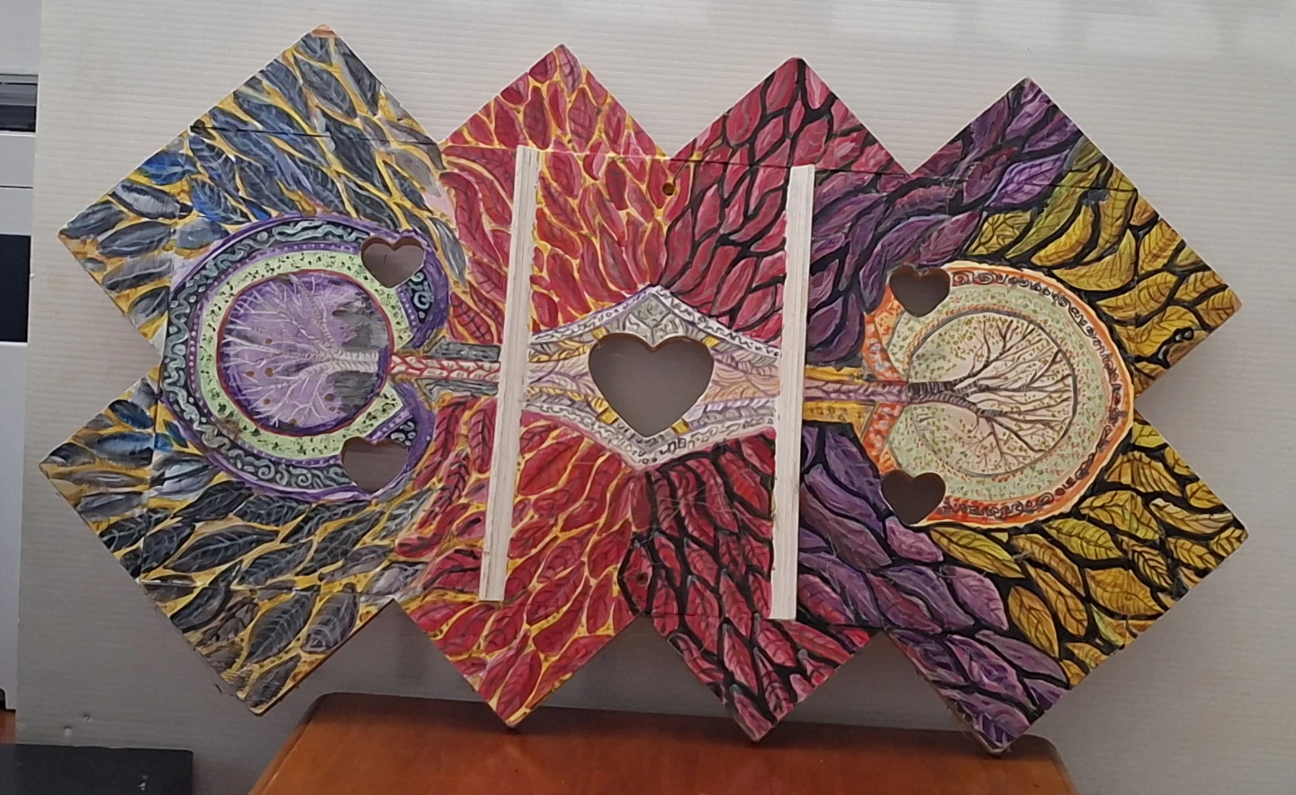 Hand-Painted Wooden Wall Art with Tree of Life and Hearts