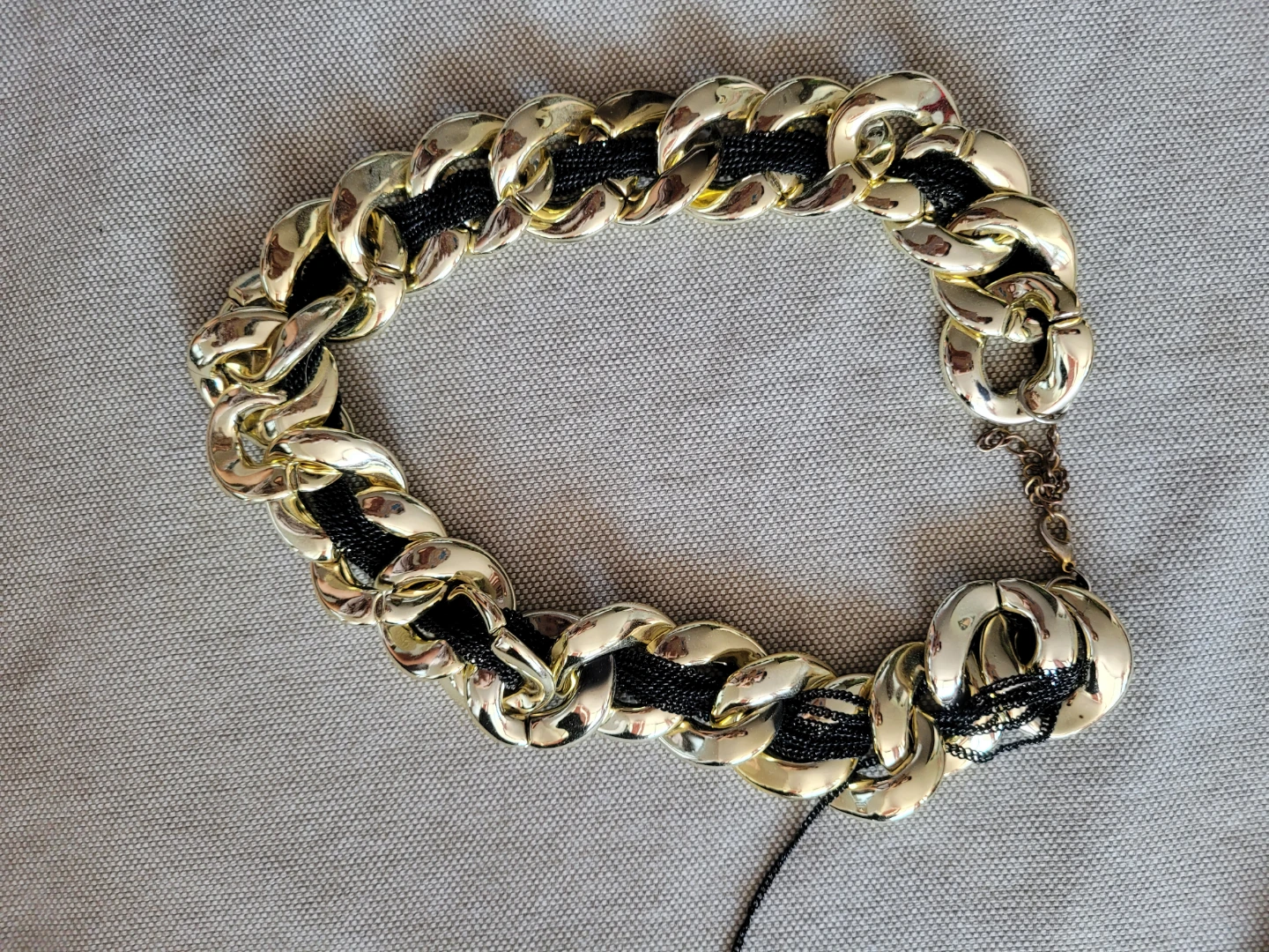 Gold Tone Chain Necklace with Black Fabric