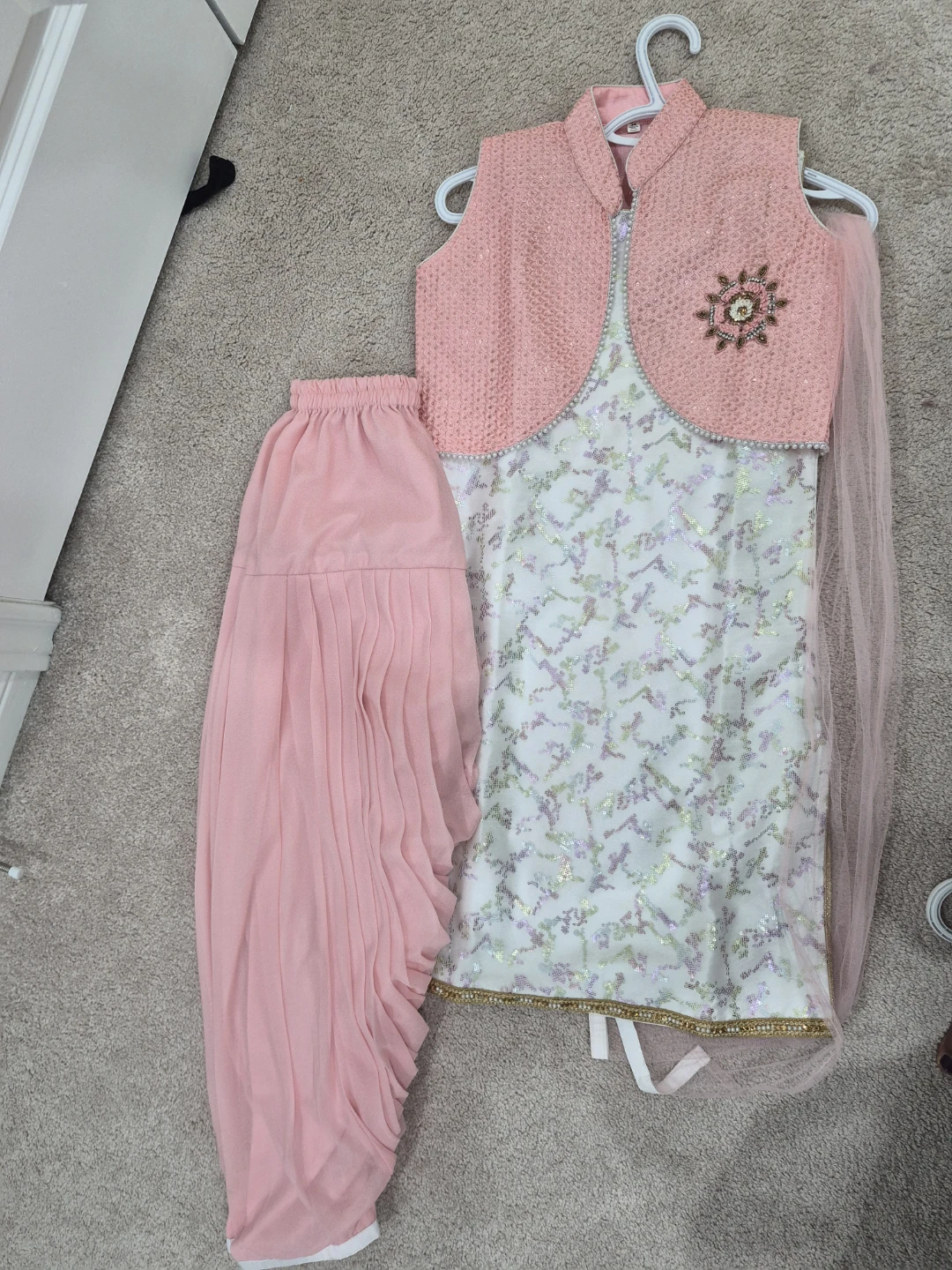 Kids Pink Embroidered Kurti and Pants Set