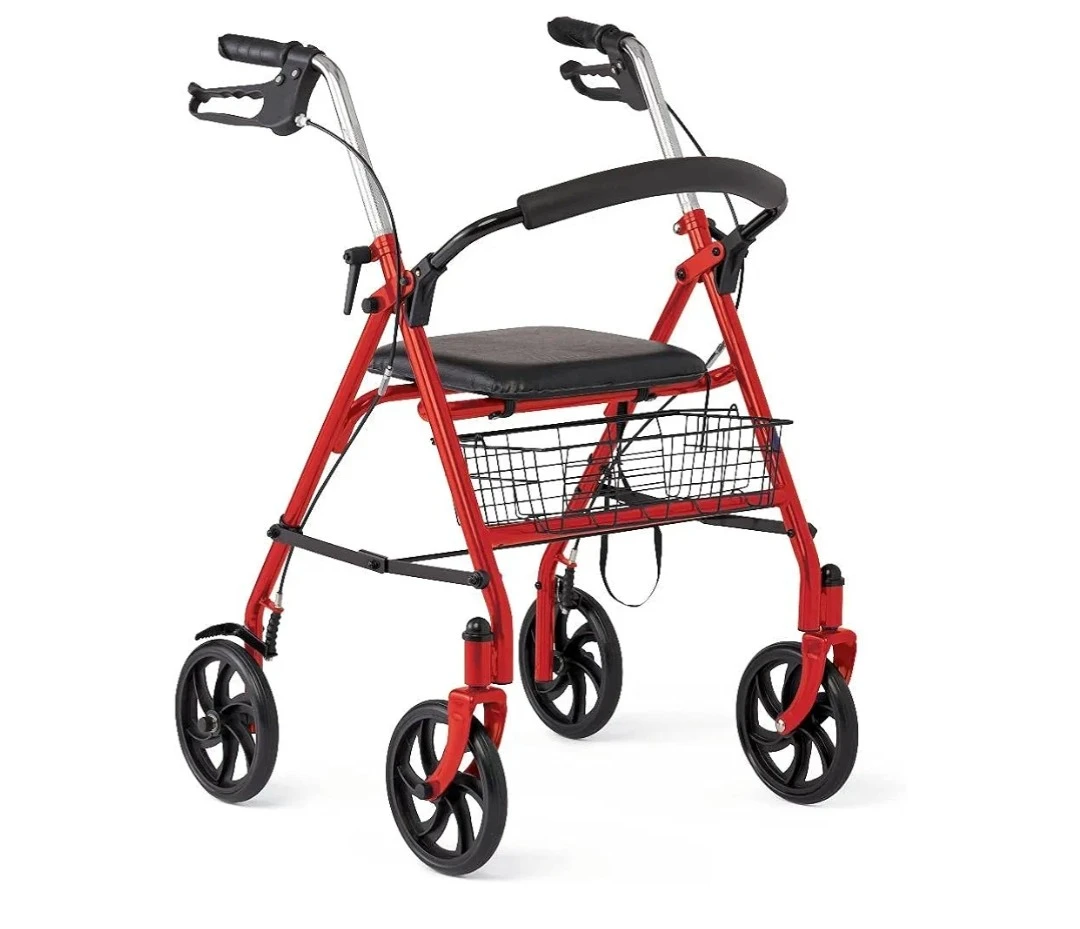 Red 4-Wheel Walker with Seat and Basket