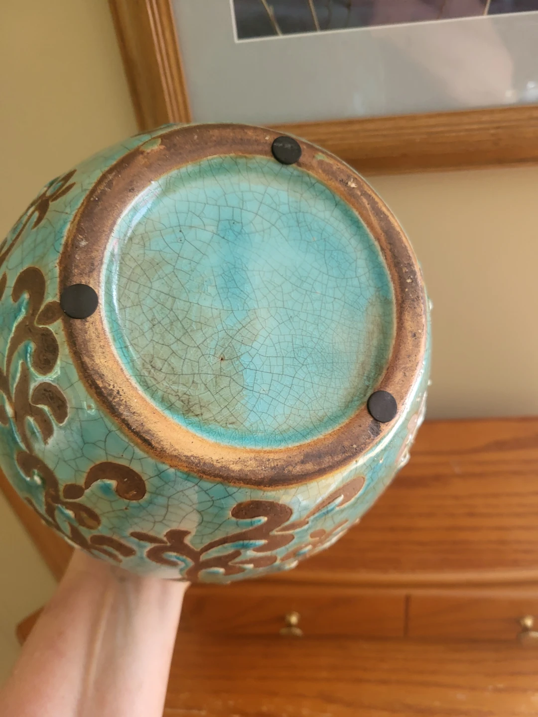 Vintage Turquoise Crackle Glaze Vase with Brown Swirls - photo 4
