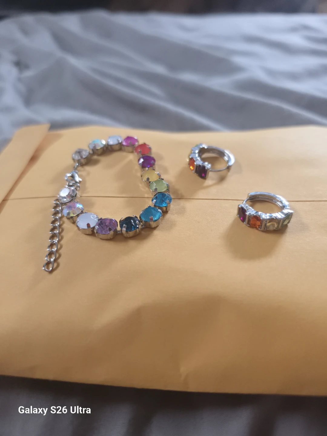 Rainbow Gem Bracelet and Hoop Earrings Set