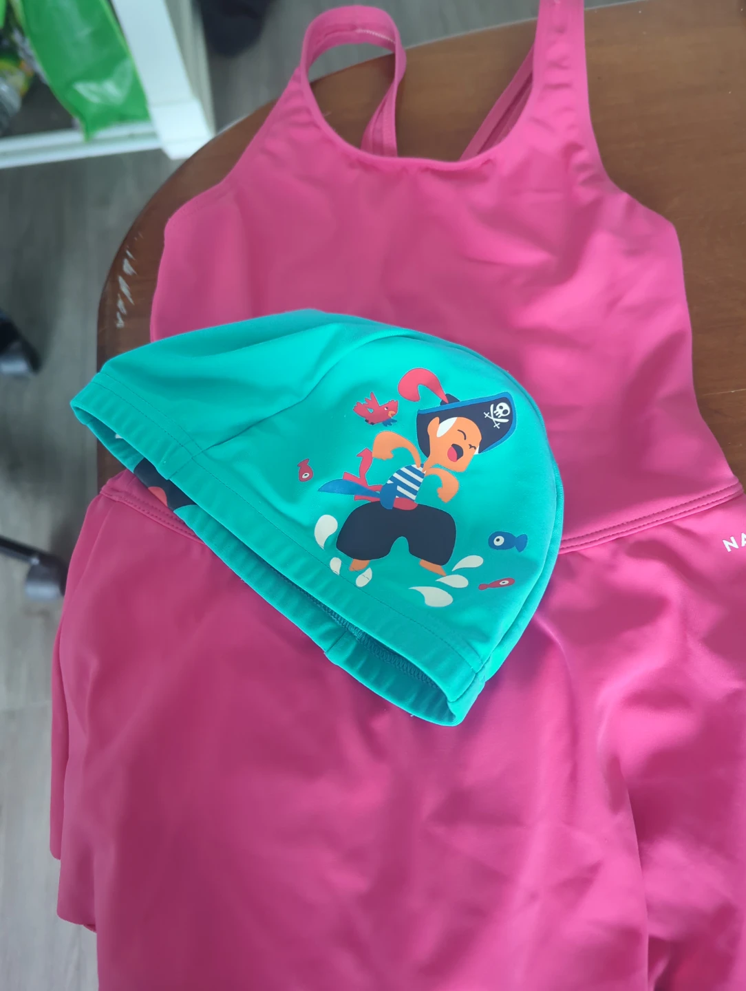 Girls Pink Swimsuit and Pirate Swim Cap