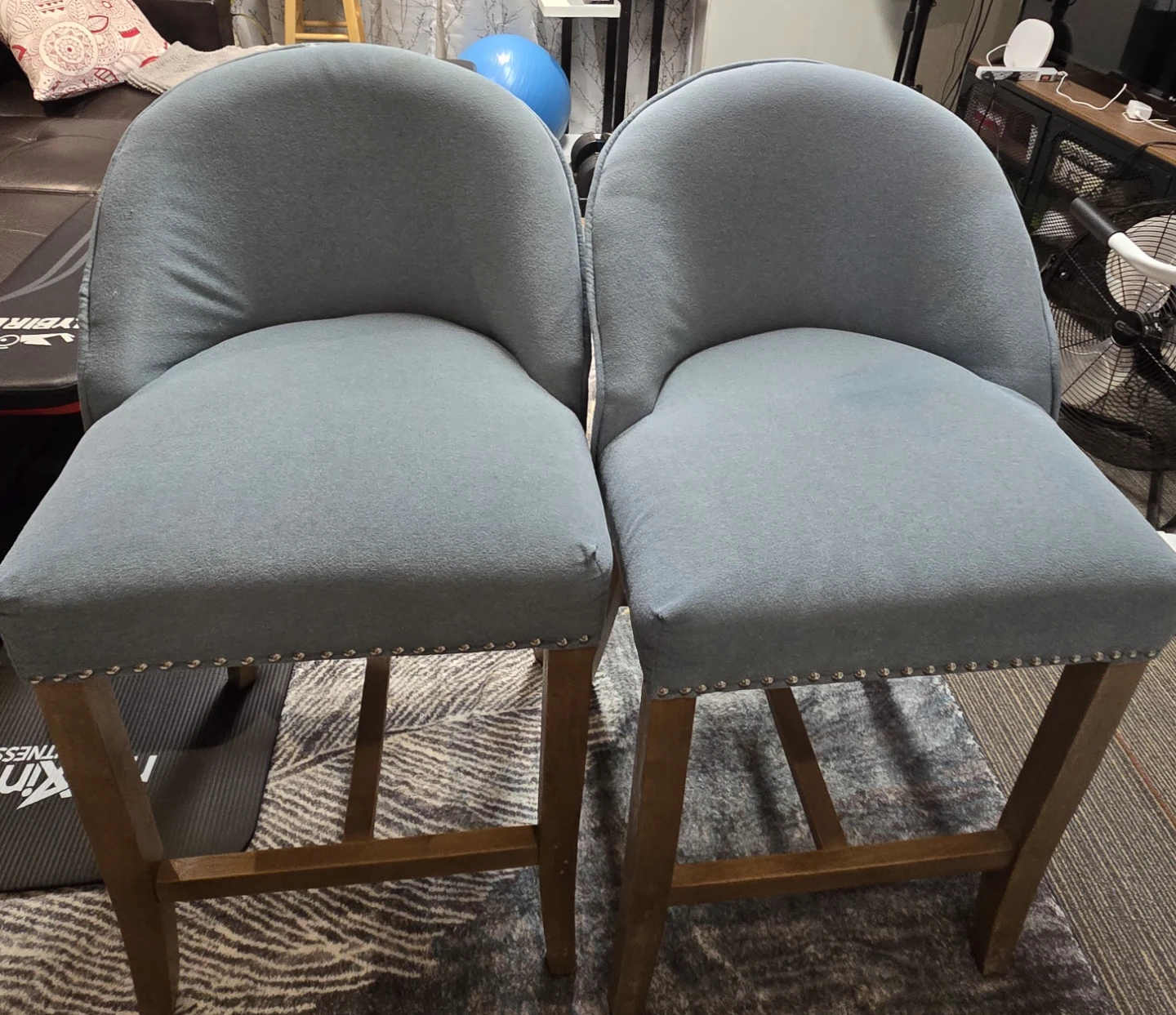Set of 2 Blue Upholstered Bar Stools with Nailhead Trim