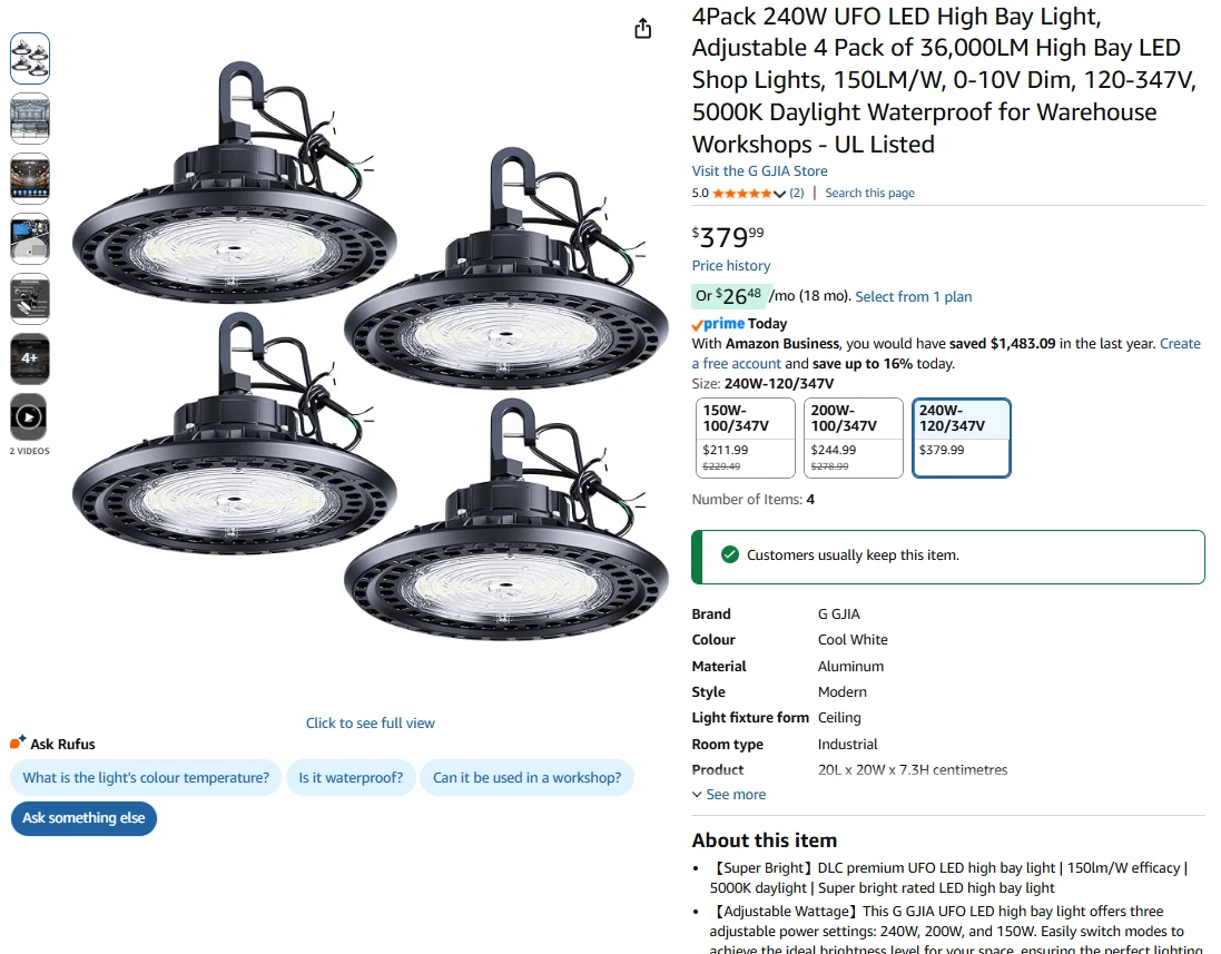 4-Pack G G Jia 240W LED UFO High Bay Lights - photo 2