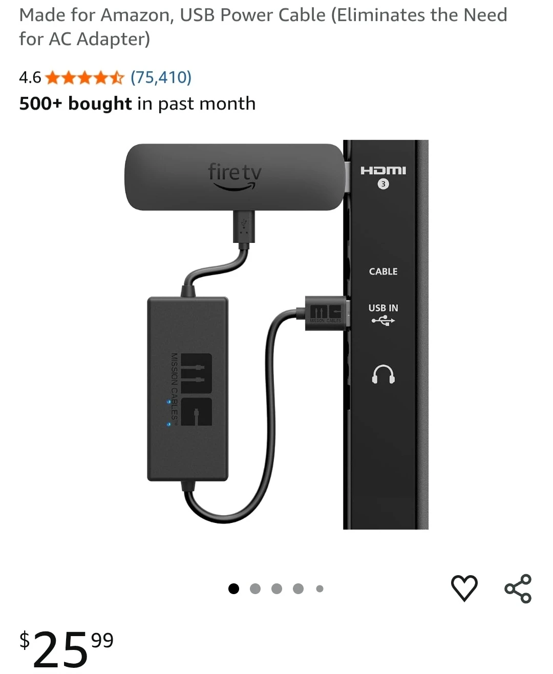 'Mission' USB Power Cable for Firestick - BNIB!