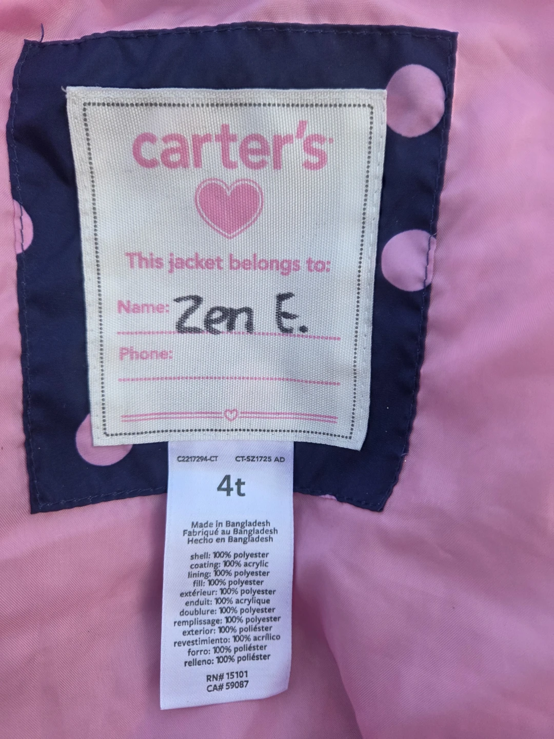 Carter's Girls' Navy & Pink Polka Dot Puffer Jacket Size 4T - photo 4