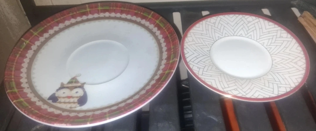 Two Saucer Plates - Owl and Geometric Design