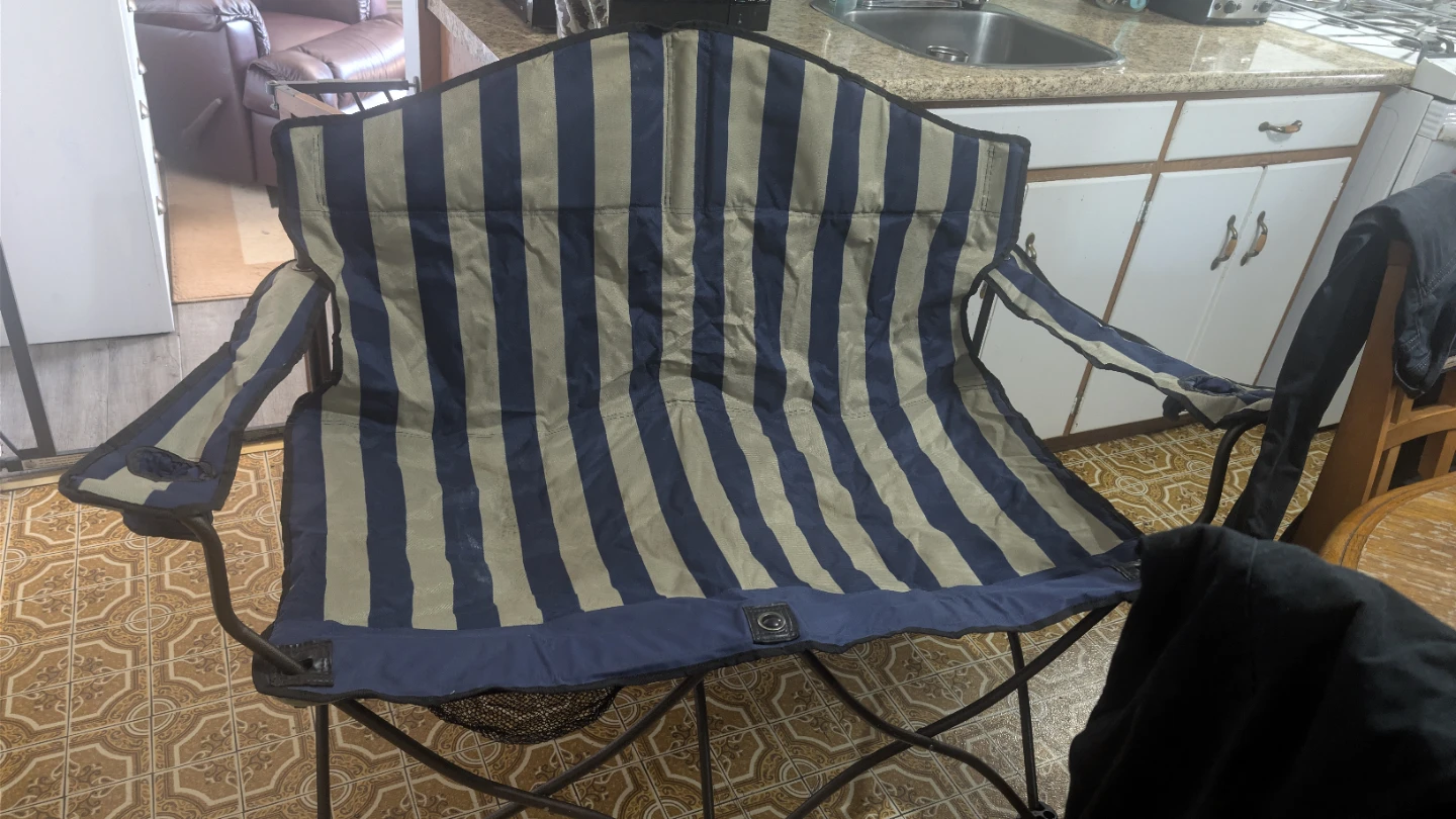 Blue and tan striped double  folding camping chair