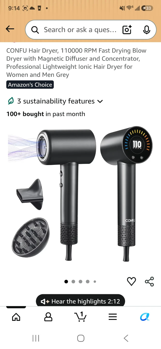 CONFU Ionic Hair Dryer with Magnetic Diffuser - Grey
